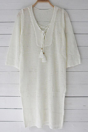 Breezy Lace Up Openwork Crochet Tunic Cover Up