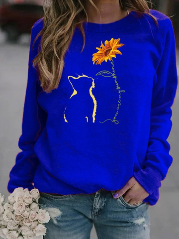 Cat and Sunflower Print Crew Neck Sweatshirt