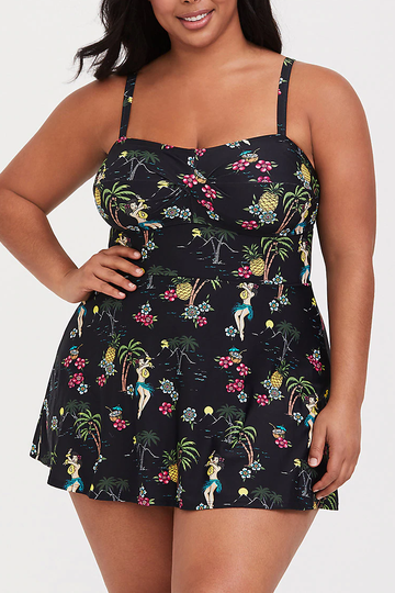 BLACK HULA GIRL WIRELESS ONE-PIECE SWIM DRESS