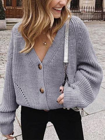 Stylish V-Neck Puffed Sleeves Cardigan