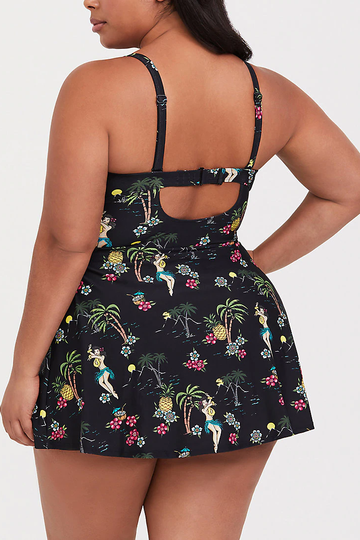 BLACK HULA GIRL WIRELESS ONE-PIECE SWIM DRESS