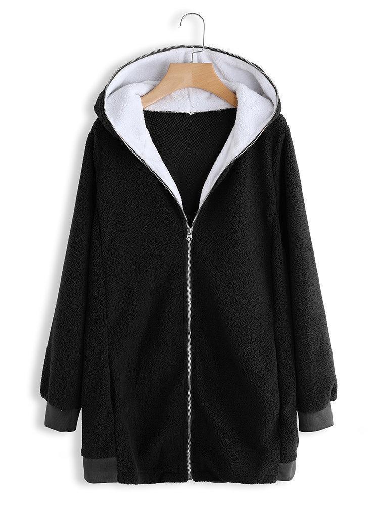 Plus Size Fluffy Long Sleeve Teddy Bear Zipper Hoodie & Jacket Coats