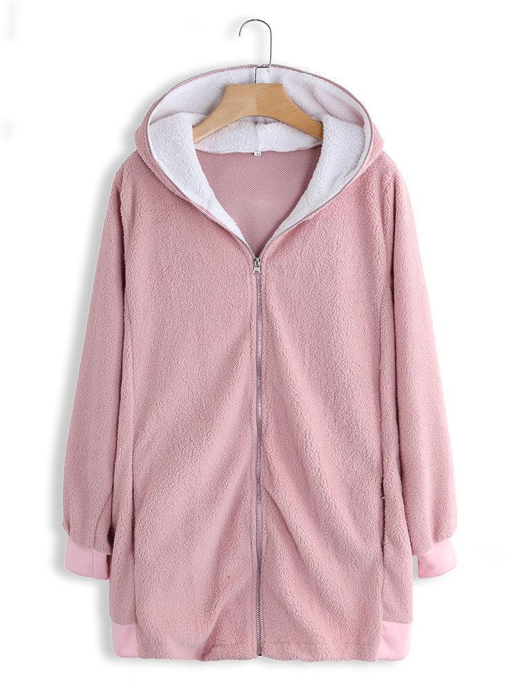 Plus Size Fluffy Long Sleeve Teddy Bear Zipper Hoodie & Jacket Coats