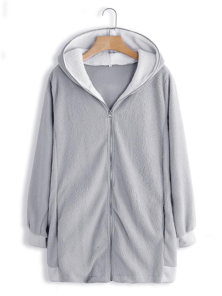 Plus Size Fluffy Long Sleeve Teddy Bear Zipper Hoodie & Jacket Coats