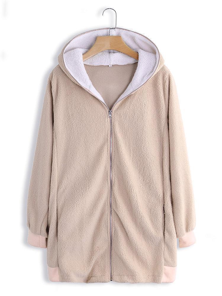 Plus Size Fluffy Long Sleeve Teddy Bear Zipper Hoodie & Jacket Coats