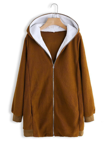 Plus Size Fluffy Long Sleeve Teddy Bear Zipper Hoodie & Jacket Coats