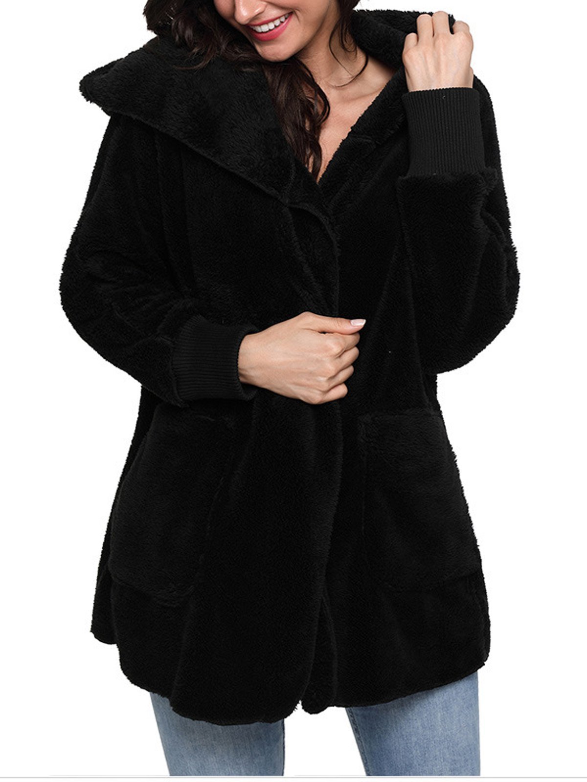 Multicolor Hoodie Solid Wool Pocket Loose Women Coat