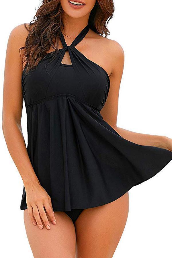 Halter Or Strapless Bandeau Black Sexy Two Piece Tankini Set 7473