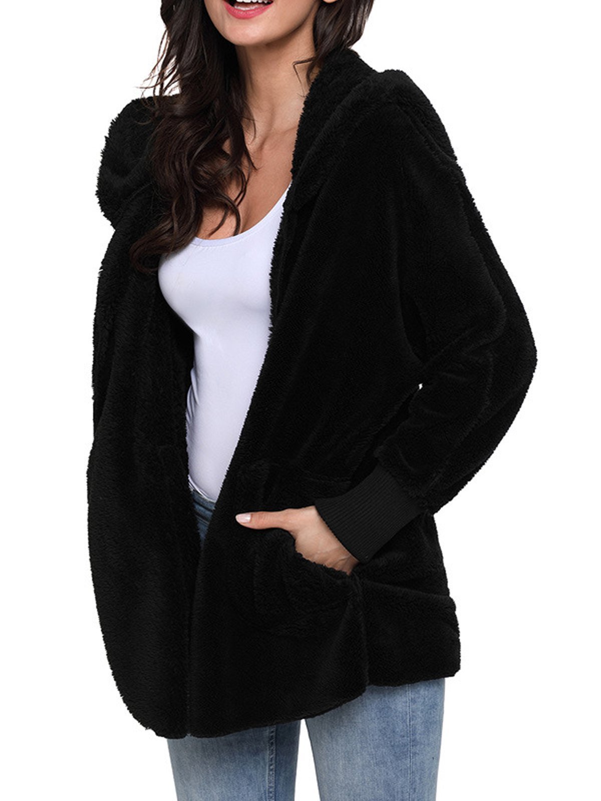 Multicolor Hoodie Solid Wool Pocket Loose Women Coat