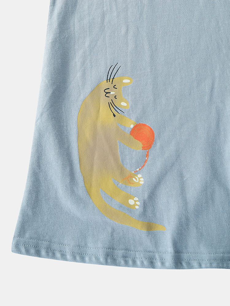 Women 100% Cotton Cute Cartoon Cats Print Long Sleeve Loose Two-Piece Home Pajamas Set