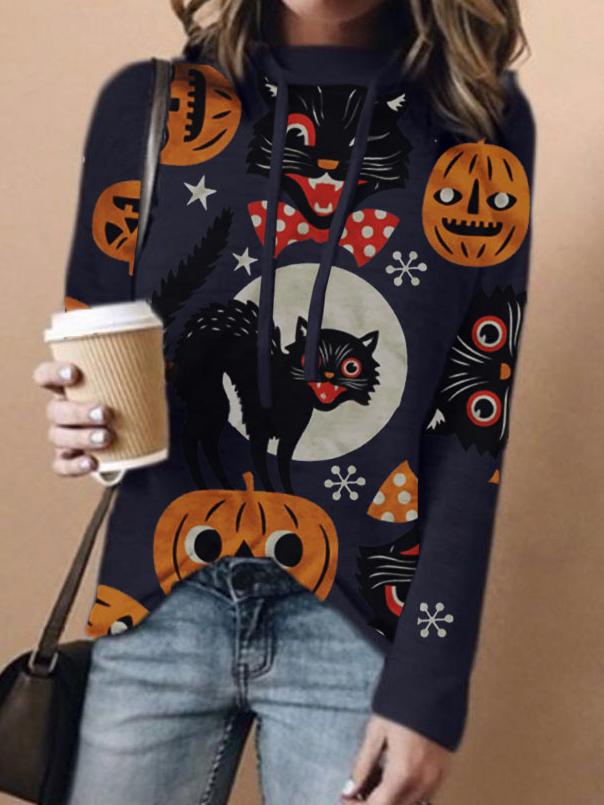 Women's Halloween Animal Cat Pumpkin Print Casual Long Sleeve T-shirt