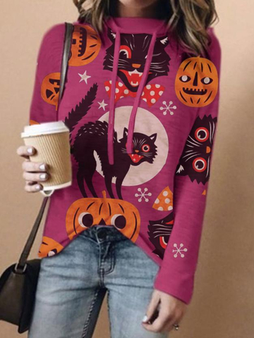 Women's Halloween Animal Cat Pumpkin Print Casual Long Sleeve T-shirt