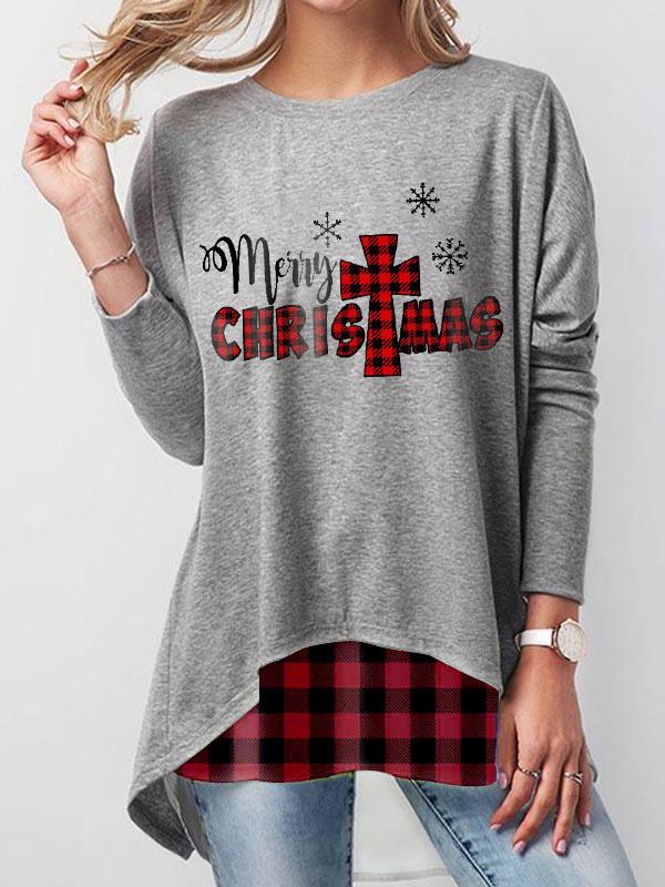 Ladies Red Plaid Merry Christmas Print Sweatshirt