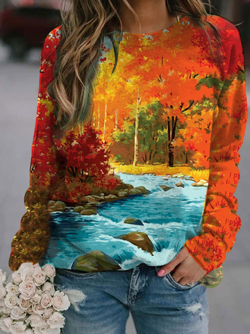 Women's Red Maple Forest Print Long Sleeve Sweatshirt