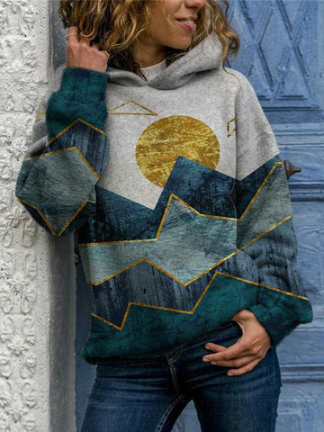 Art Mountain Print Casual Hooded Sweatshirt