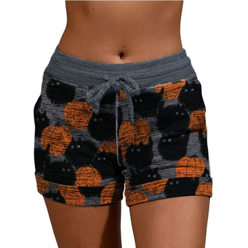 Halloween Pumpkin Cat Print Shorts