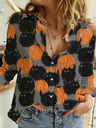 Halloween Pumpkin Cat printed cotton and linen casual shirt