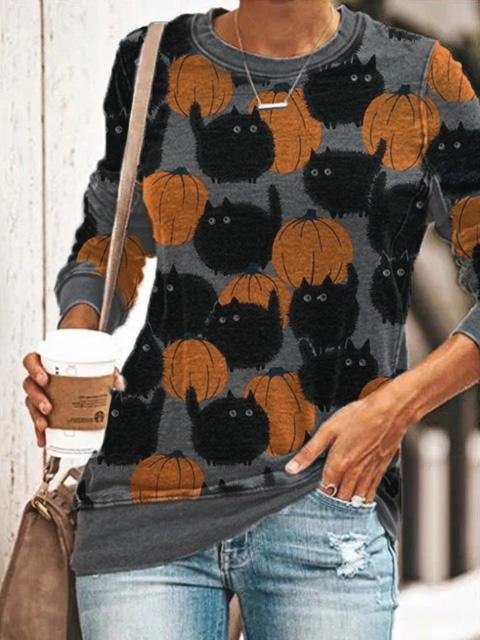 Halloween Pumpkin Cat printed crew neck casual Tshirt