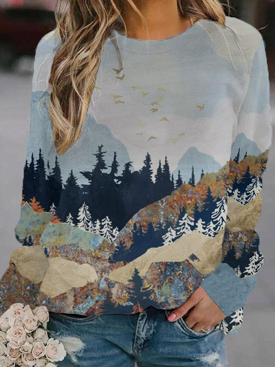 ladies mountain treetop print hooded sweatshirt