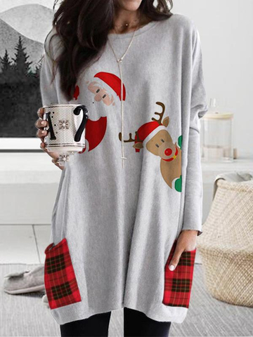 Christmas Cartoon Print Plaid Stitching Long-Sleeved T-Shirt