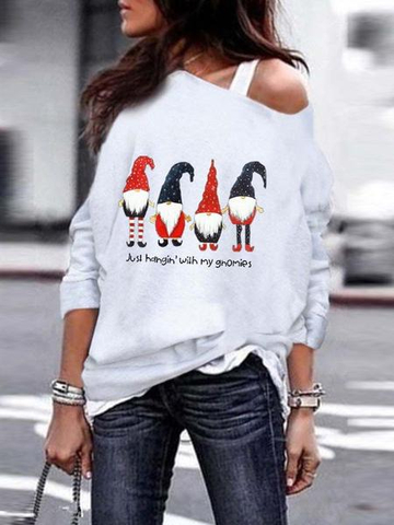 Ladies Santa Printed Long Sleeve Oblique Shoulder Sweatshirt