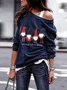 Ladies Santa Printed Long Sleeve Oblique Shoulder Sweatshirt