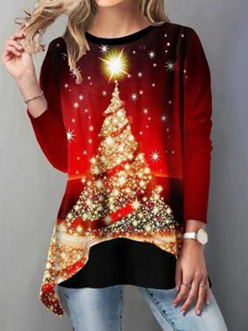 Asymmetrical Hem Christmas Tree Printed T-Shirt