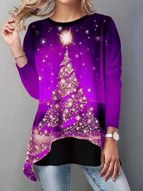 Asymmetrical Hem Christmas Tree Printed T-Shirt