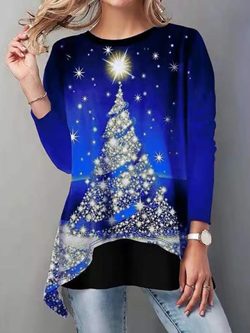 Asymmetrical Hem Christmas Tree Printed T-Shirt