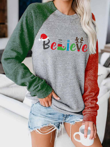 Women's Believe Christmas Print Contrast Top