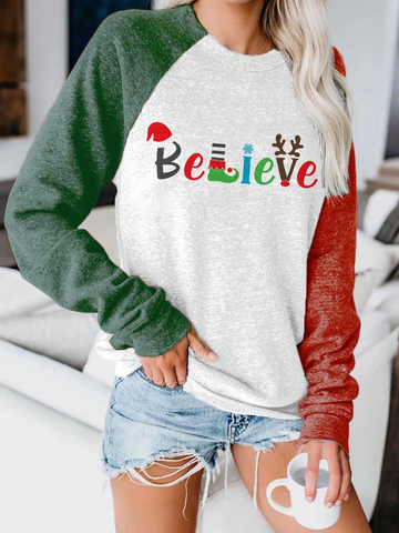 Women's Believe Christmas Print Contrast Top