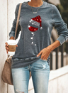 Cartoon Christmas Hat Gray Long Sleeve Casual Top