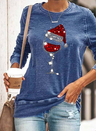 Cartoon Christmas Hat Gray Long Sleeve Casual Top