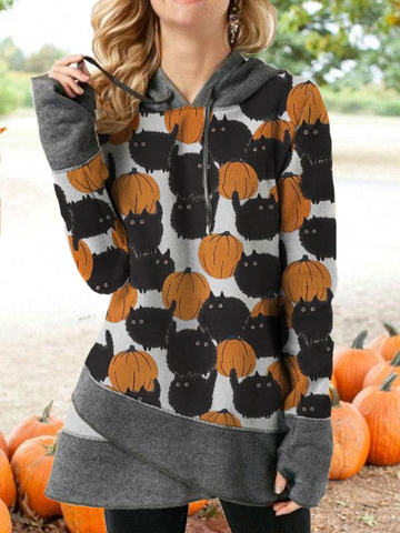 Women's Halloween Pumpkin and Cat Print Hoodie