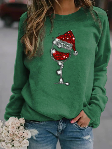 Women's Christmas Wine Glass Print Long Sleeve Sweatshirt