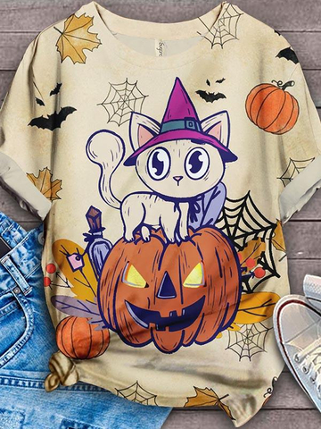 Women's Happy Halloween Cute Pumpkin Cat Short Sleeve T-shirts