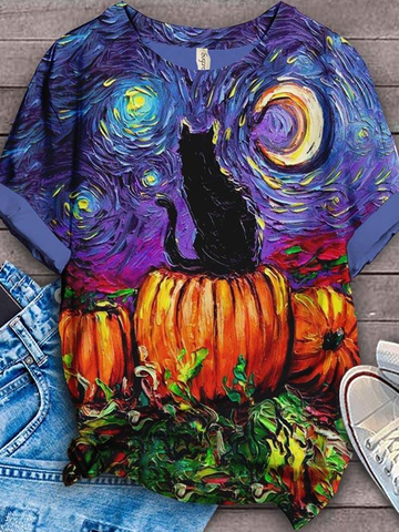 Women's Happy Halloween Comfortable Pumpkin Cat Painting Short Sleeve T-shirts