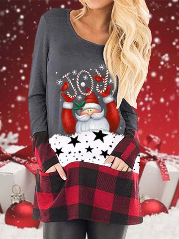 Christmas Cartoon Print Plaid Stitching Long-Sleeved T-Shirt