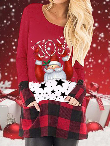 Christmas Cartoon Print Plaid Stitching Long-Sleeved T-Shirt