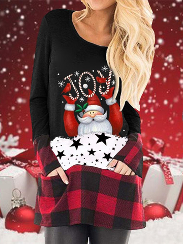 Christmas Cartoon Print Plaid Stitching Long-Sleeved T-Shirt