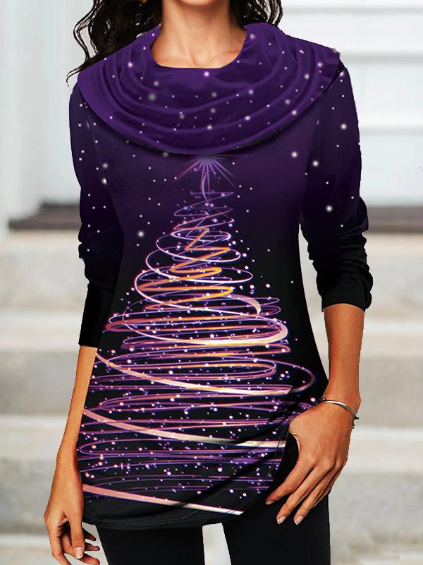 Christmas Tree Printed Cowl Neck Shirt