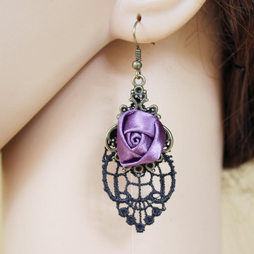 Vintage black lace purple rose earrings