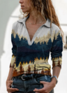 Ladies casual mountain forest print V-neck sweatshirt