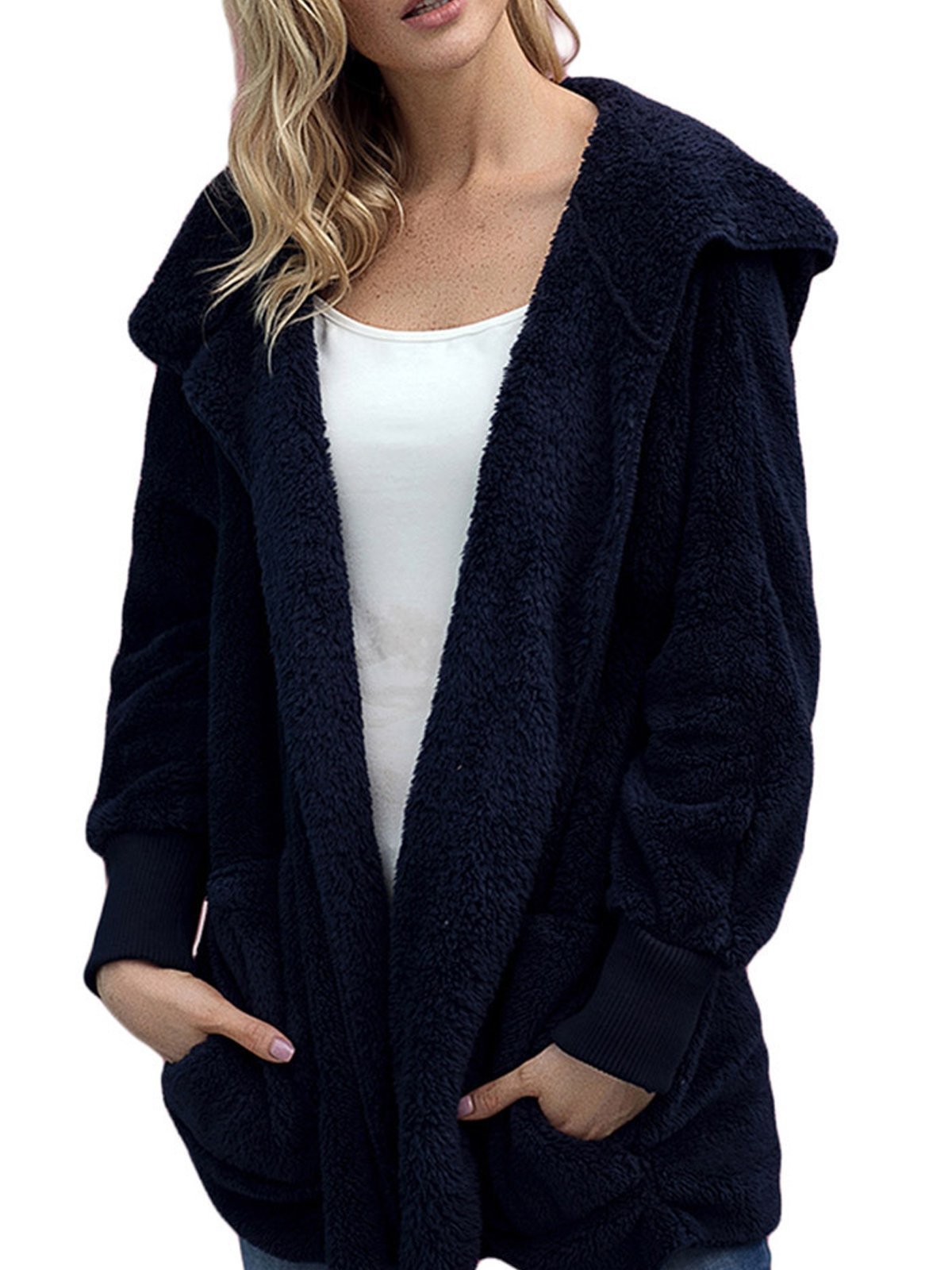 Multicolor Hoodie Solid Wool Pocket Loose Women Coat