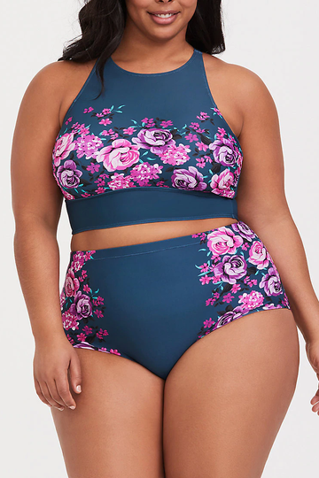 DARK BLUE FLORAL HIGH NECK BIKINI SET