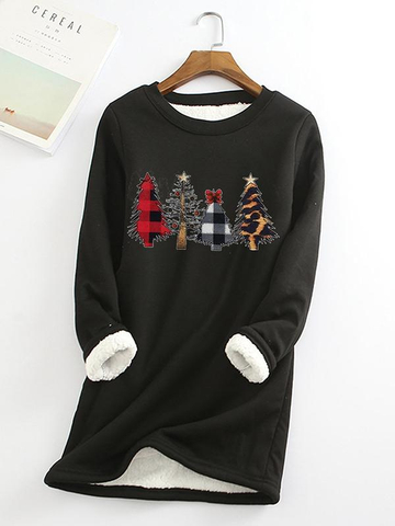 Christmas Tree Printed Sherpa Lined Fleece Pullover Sweatshirt