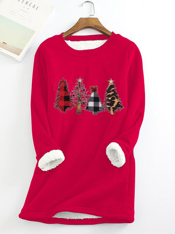 Christmas Tree Printed Sherpa Lined Fleece Pullover Sweatshirt