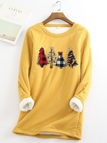 Christmas Tree Printed Sherpa Lined Fleece Pullover Sweatshirt
