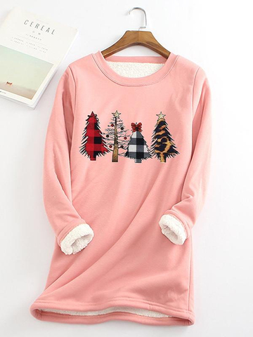 Christmas Tree Printed Sherpa Lined Fleece Pullover Sweatshirt