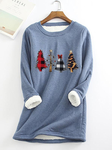 Christmas Tree Printed Sherpa Lined Fleece Pullover Sweatshirt